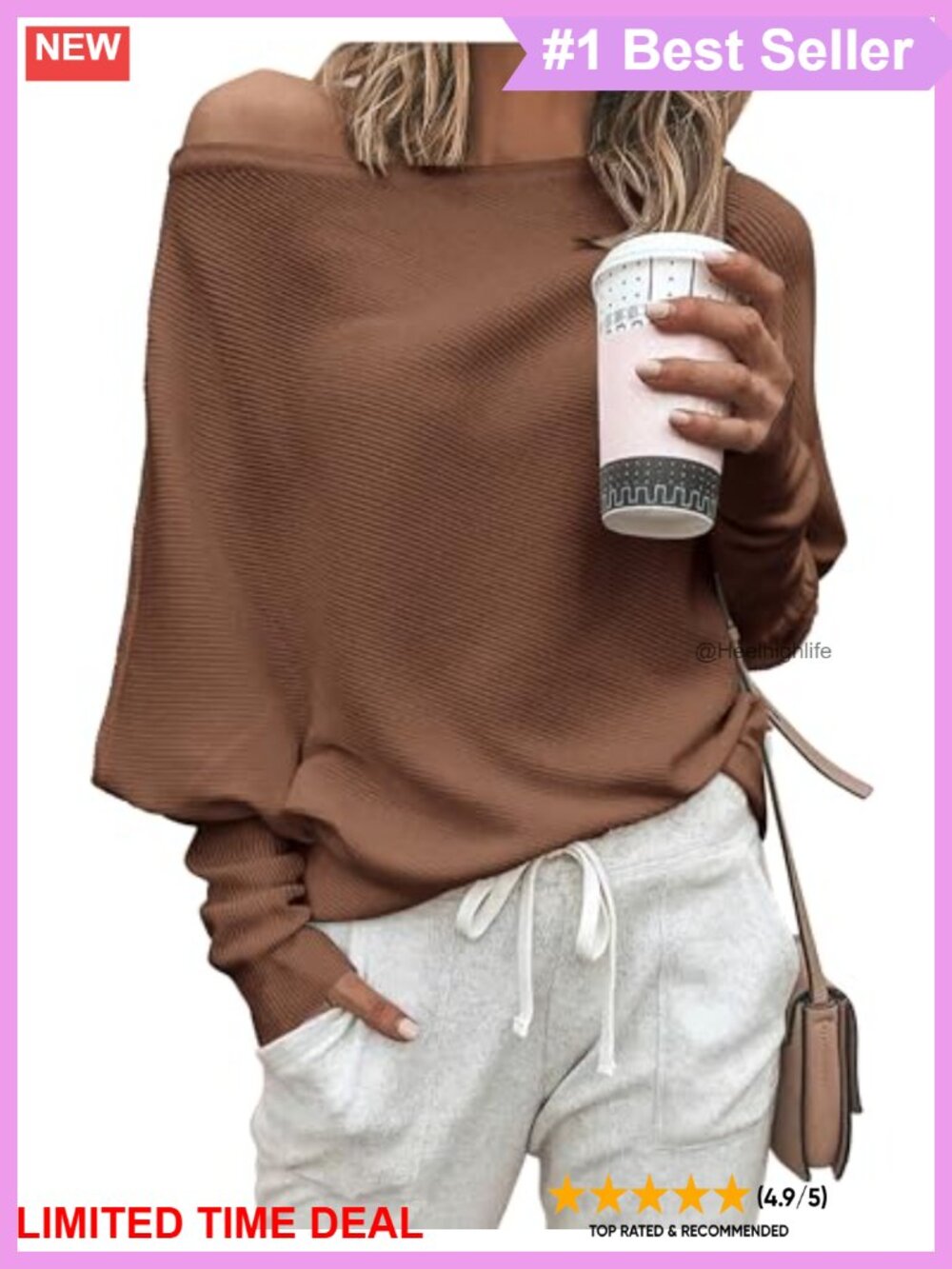 Off Shoulder Batwing Knit Sweater Long Sleeve Ribbed Pullover